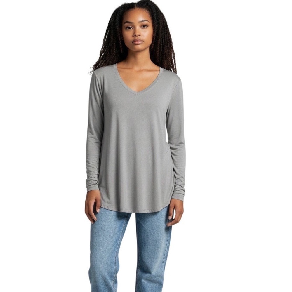 New Bamboo Grey Top Long Sleeve V-Neck Curved Hem Minimalist Casual Soft‎ Girl L